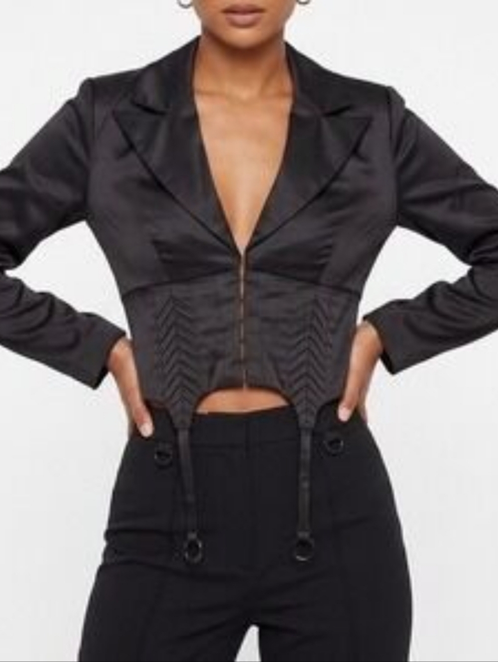 Naked Wardrobe Black Satin Corset Blazer Cropped Jacket Structured S NWOT